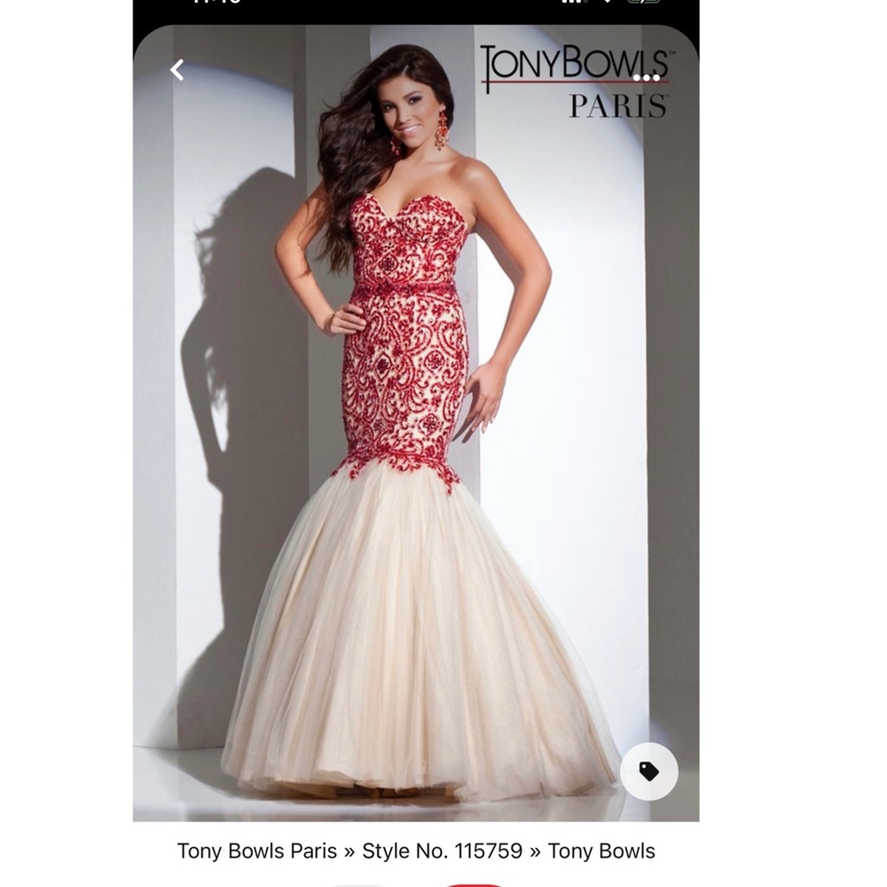 Tony Bowls Nude Prom Mermaid Gown With Red Beading (size 4)